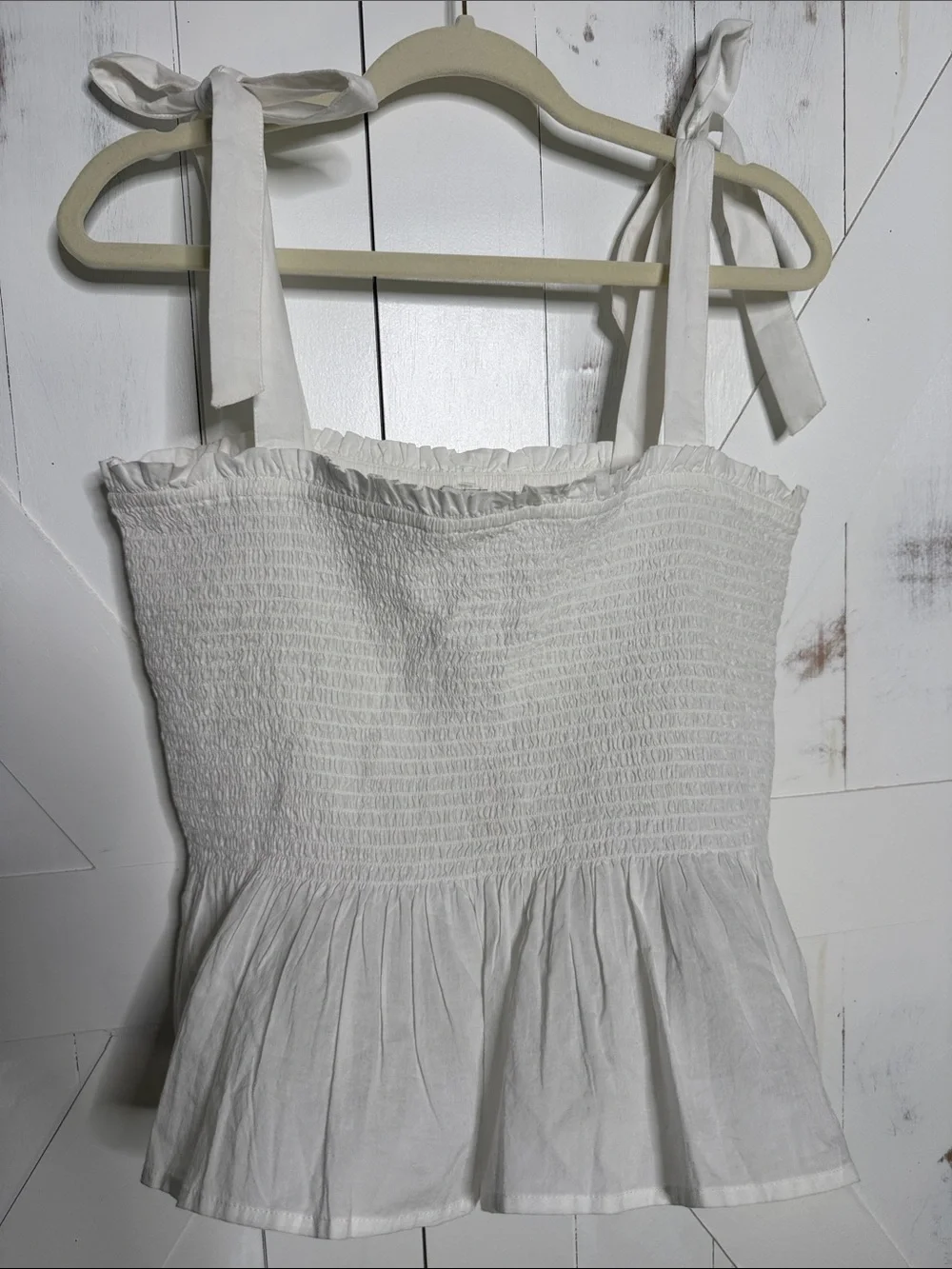 J. Crew White Smocked Tie-Shoulder Peplum Tank